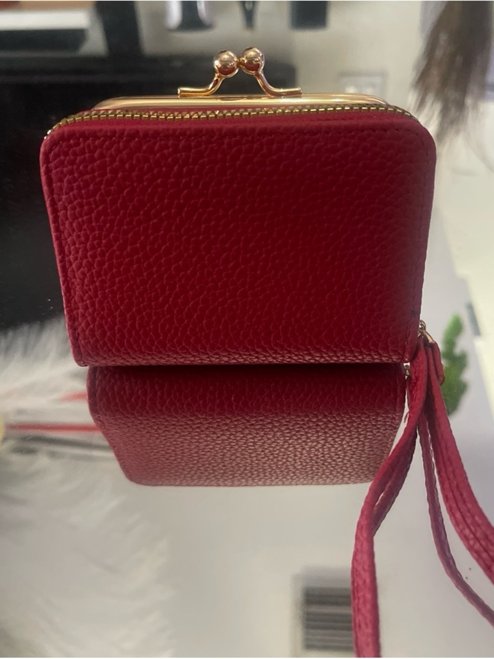 Red Women's Accordion Wallet with Gold Trim